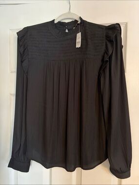 LOFT Black Ruffle Yoke Long-Sleeve Blouse